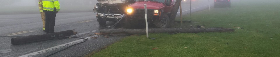 Vehicle Accident Takes Out Utility Pole On Foggy Morning